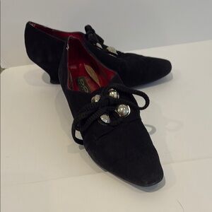 Vintage Suede Black Women's Shoes with Decorative Laces
